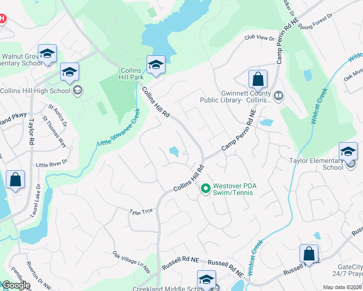 map of restaurants, bars, coffee shops, grocery stores, and more near 2023 Wildcat Falls Lane in Lawrenceville
