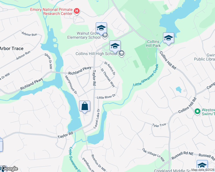 map of restaurants, bars, coffee shops, grocery stores, and more near 144 Saint Georges Court in Suwanee