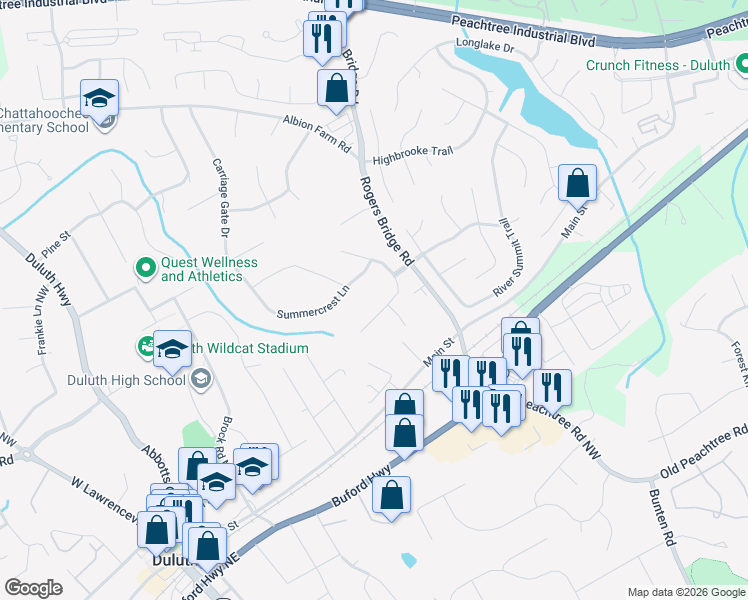 map of restaurants, bars, coffee shops, grocery stores, and more near 2746 Summercrest Lane in Duluth