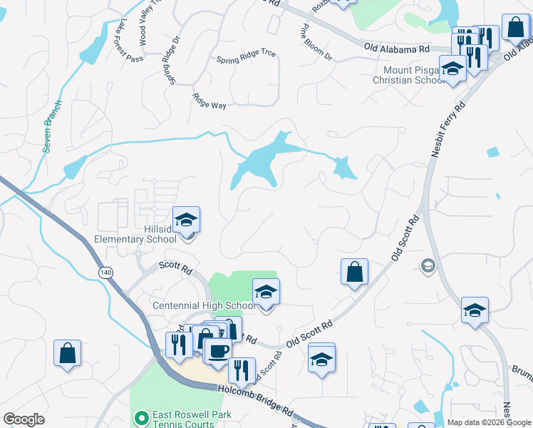 map of restaurants, bars, coffee shops, grocery stores, and more near 120 Forest Breeze Cove in Alpharetta