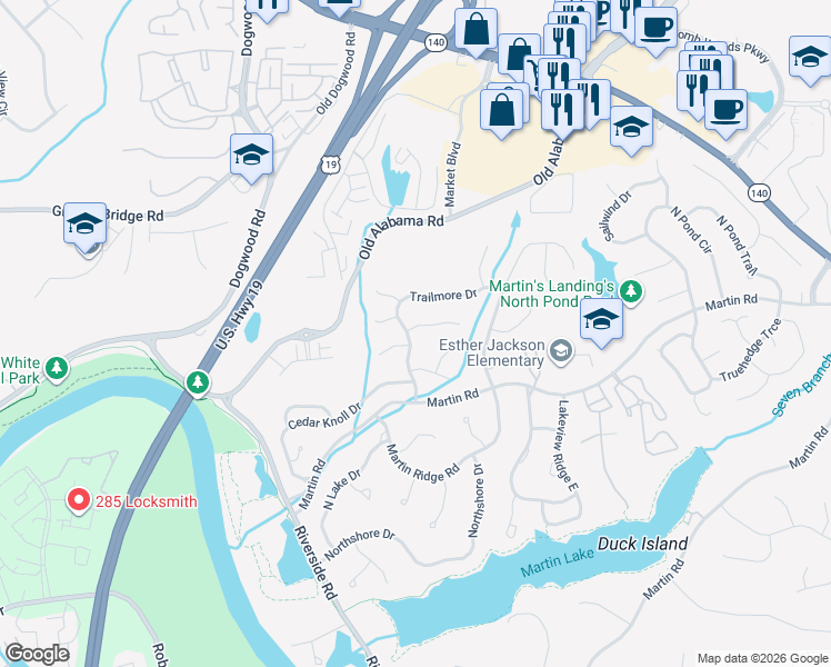 map of restaurants, bars, coffee shops, grocery stores, and more near 300 Softpine Trail in Roswell
