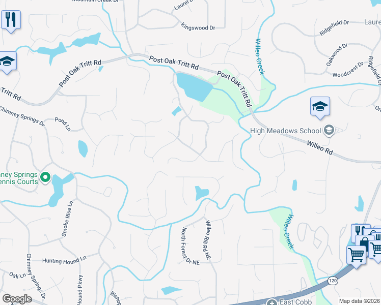 map of restaurants, bars, coffee shops, grocery stores, and more near 2680 Spring Rock Court in Roswell