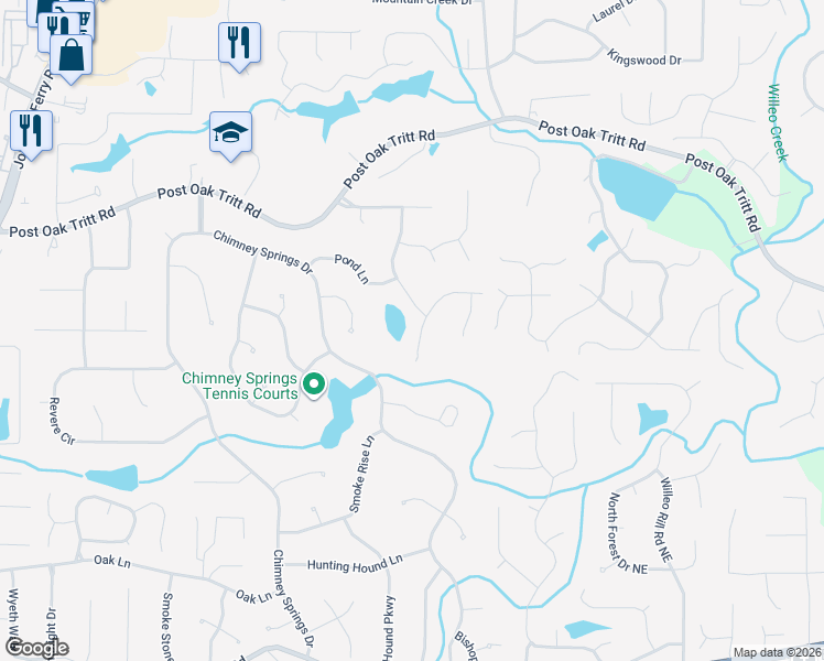 map of restaurants, bars, coffee shops, grocery stores, and more near 2555 Old Orchard Trail in Marietta