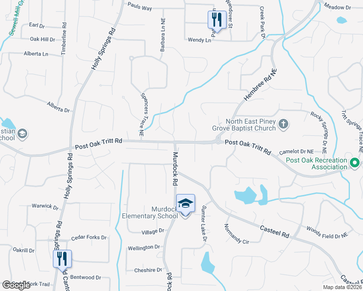 map of restaurants, bars, coffee shops, grocery stores, and more near 2553 Weeping Oak Trace in Marietta