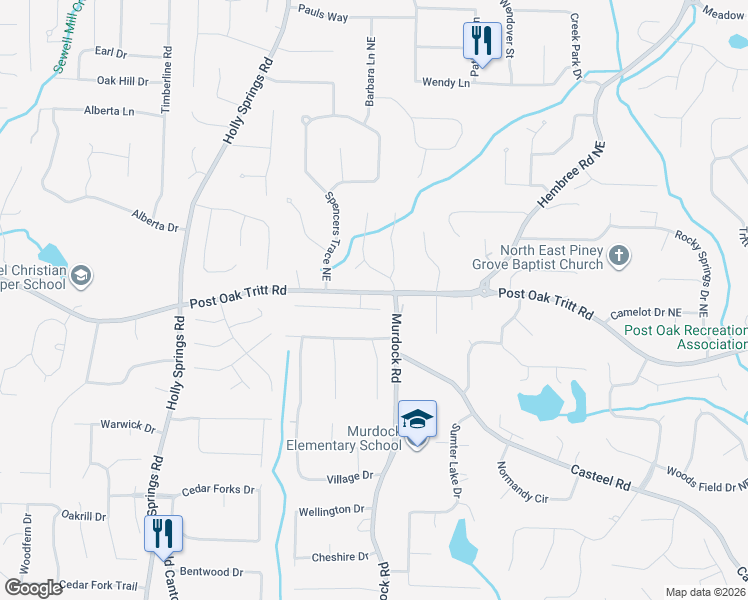 map of restaurants, bars, coffee shops, grocery stores, and more near 2600 Murdock Road in Marietta