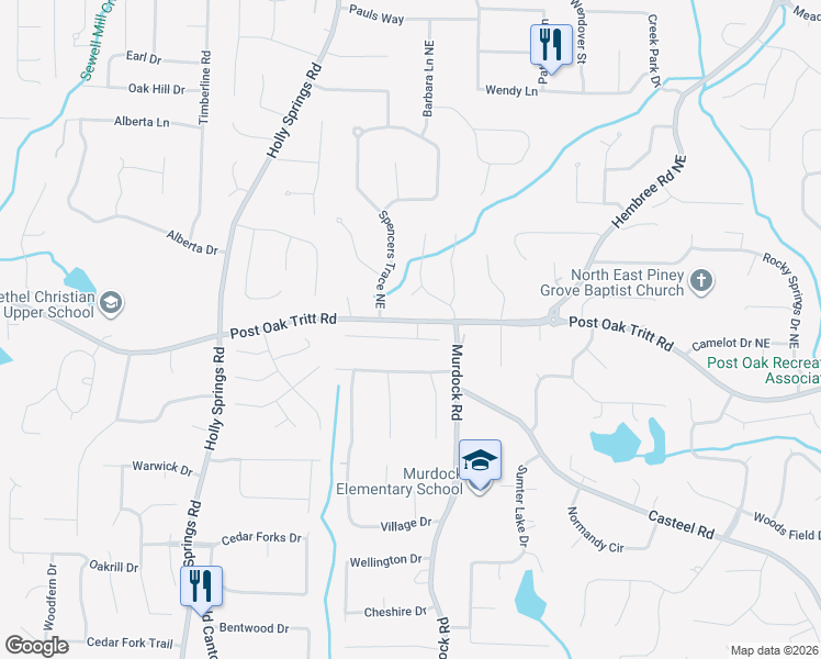 map of restaurants, bars, coffee shops, grocery stores, and more near 2546 Telfair Place in Marietta