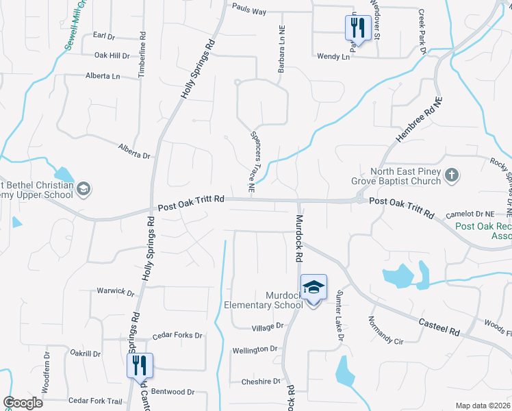 map of restaurants, bars, coffee shops, grocery stores, and more near 2555 Spencers Trace Northeast in Marietta