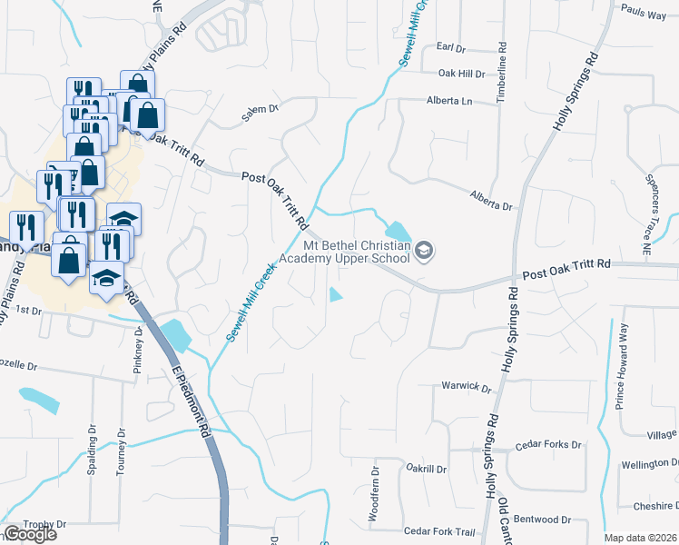 map of restaurants, bars, coffee shops, grocery stores, and more near 2592 Oak Village Place Northeast in Marietta