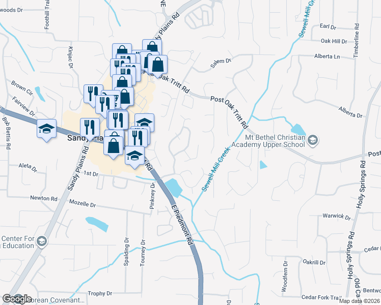map of restaurants, bars, coffee shops, grocery stores, and more near 2617 Watercrest Court Northeast in Marietta