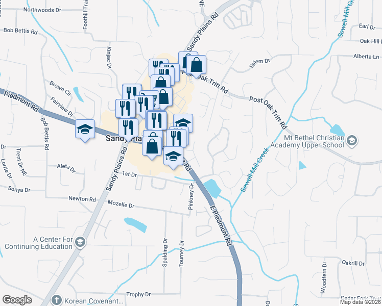 map of restaurants, bars, coffee shops, grocery stores, and more near 2325 Leacroft Way in Marietta