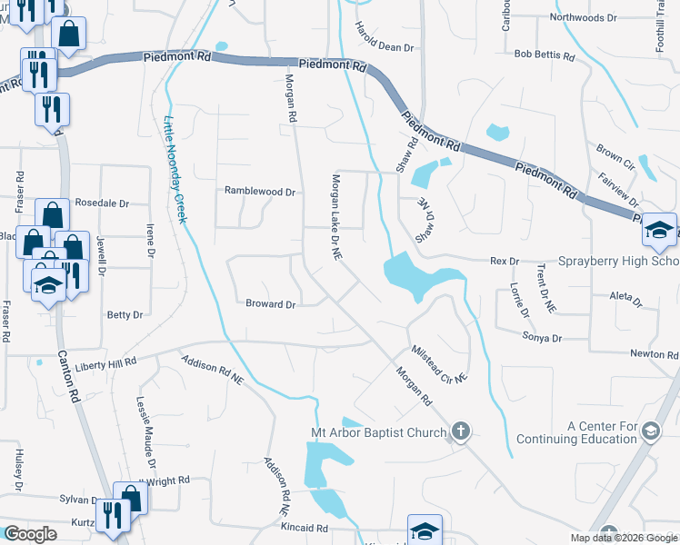 map of restaurants, bars, coffee shops, grocery stores, and more near 2563 Morgan Lake Drive Northeast in Marietta