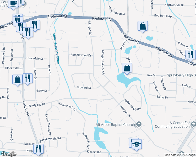 map of restaurants, bars, coffee shops, grocery stores, and more near 2608 Morgan Road in Marietta