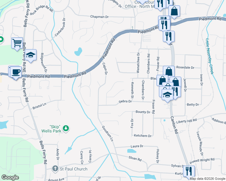 map of restaurants, bars, coffee shops, grocery stores, and more near 2492 Hidden Hills Drive in Marietta
