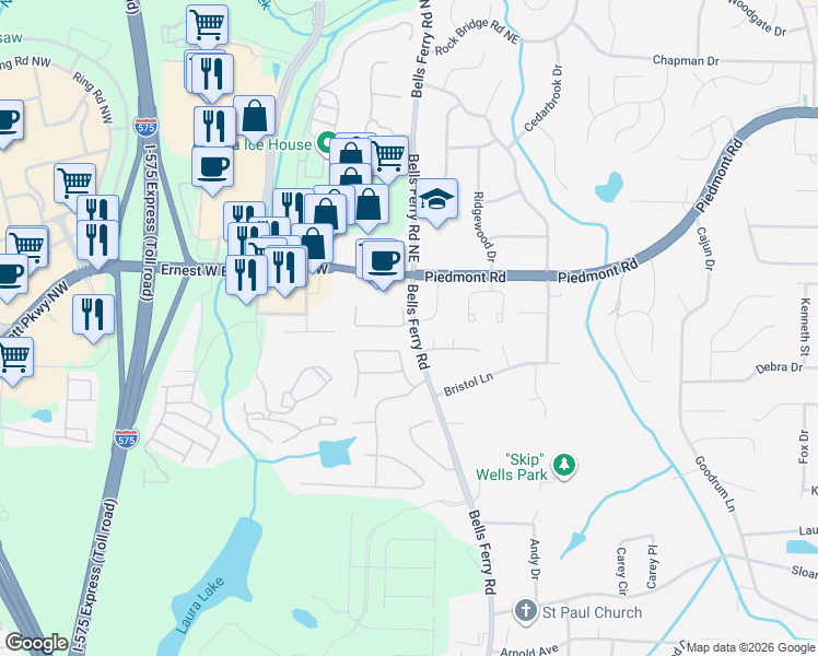 map of restaurants, bars, coffee shops, grocery stores, and more near 2543 Bells Ferry Road in Marietta