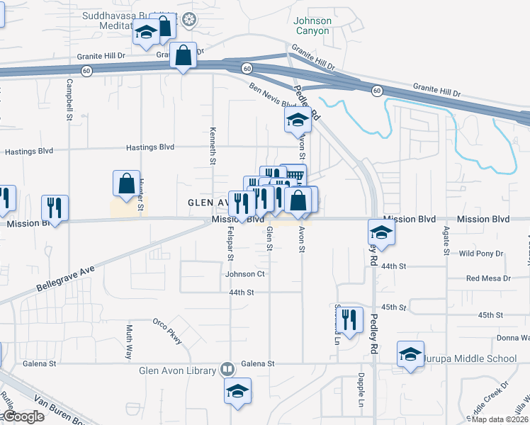 map of restaurants, bars, coffee shops, grocery stores, and more near 9103 Mission Boulevard in Riverside