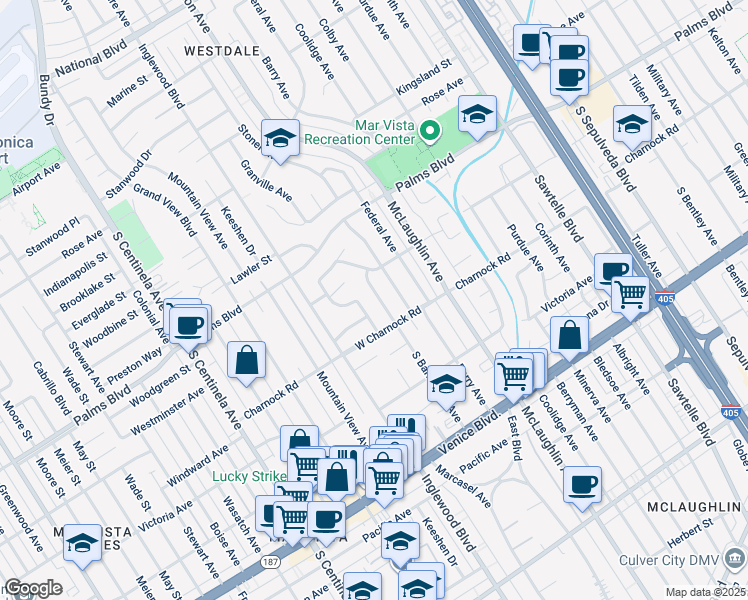 map of restaurants, bars, coffee shops, grocery stores, and more near 3531 South Barrington Avenue in Los Angeles