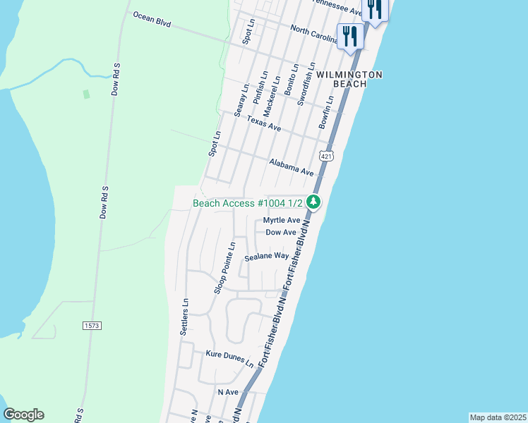 map of restaurants, bars, coffee shops, grocery stores, and more near 1009 Trout Lane in Carolina Beach