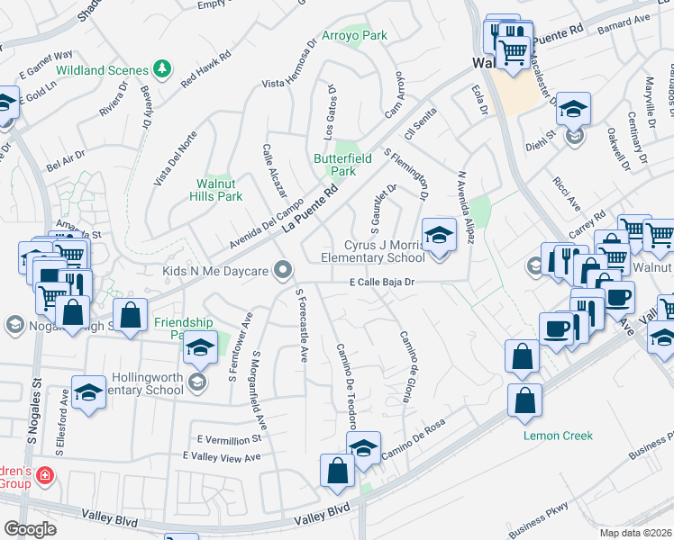 map of restaurants, bars, coffee shops, grocery stores, and more near 3300 East Millridge Drive in West Covina