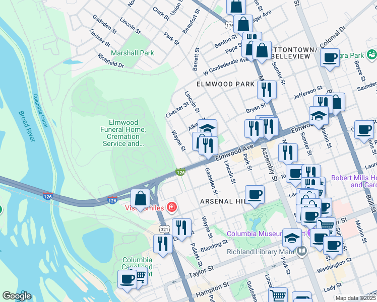 map of restaurants, bars, coffee shops, grocery stores, and more near 711 Abbeville Street in Columbia