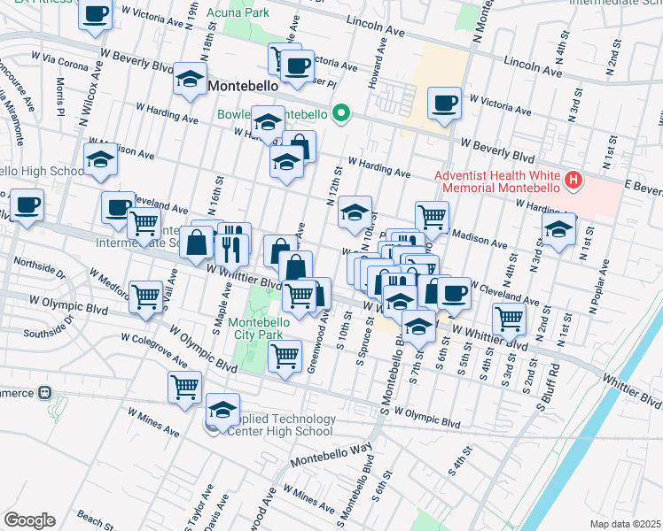 map of restaurants, bars, coffee shops, grocery stores, and more near 133 North Greenwood Avenue in Montebello