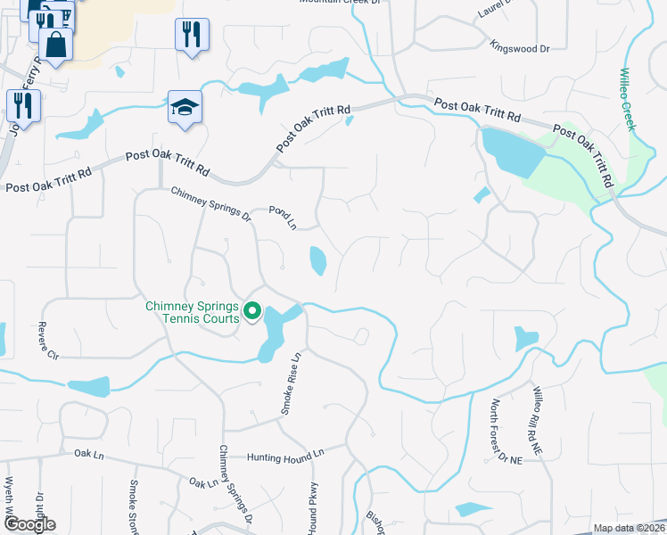 map of restaurants, bars, coffee shops, grocery stores, and more near 2555 Old Orchard Trail in Marietta