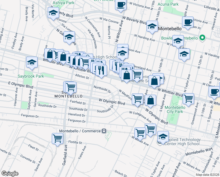 map of restaurants, bars, coffee shops, grocery stores, and more near 2205 Allston Street in Montebello