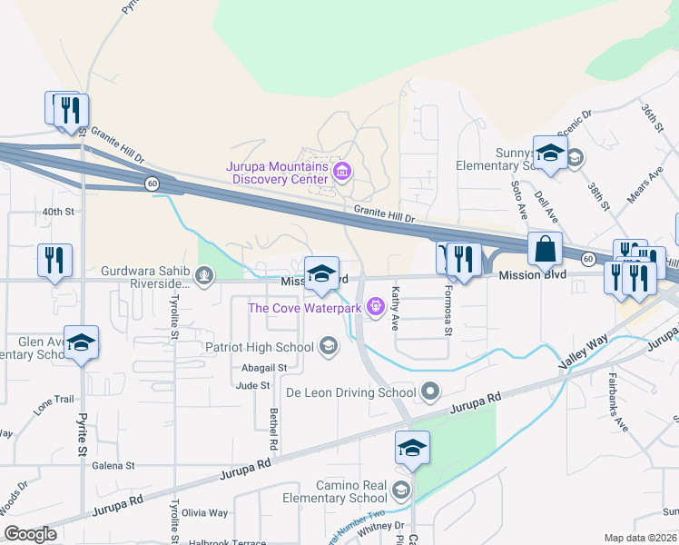 map of restaurants, bars, coffee shops, grocery stores, and more near 7626 Mission Boulevard in Riverside