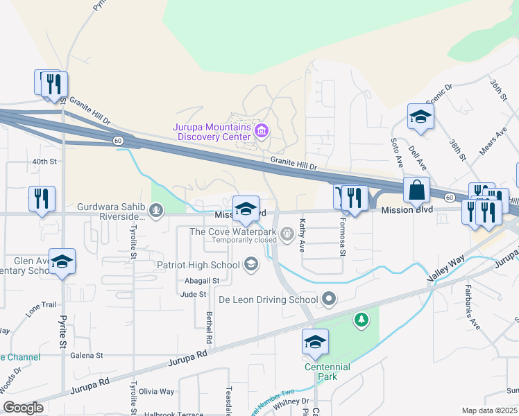 map of restaurants, bars, coffee shops, grocery stores, and more near in Jurupa Valley