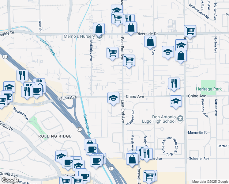 map of restaurants, bars, coffee shops, grocery stores, and more near 3630 Larkwood Drive in Chino