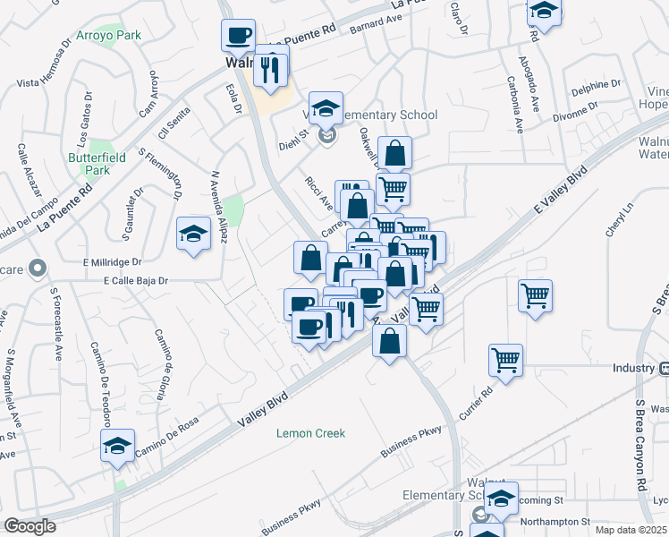 map of restaurants, bars, coffee shops, grocery stores, and more near 285 South Lemon Avenue in Walnut