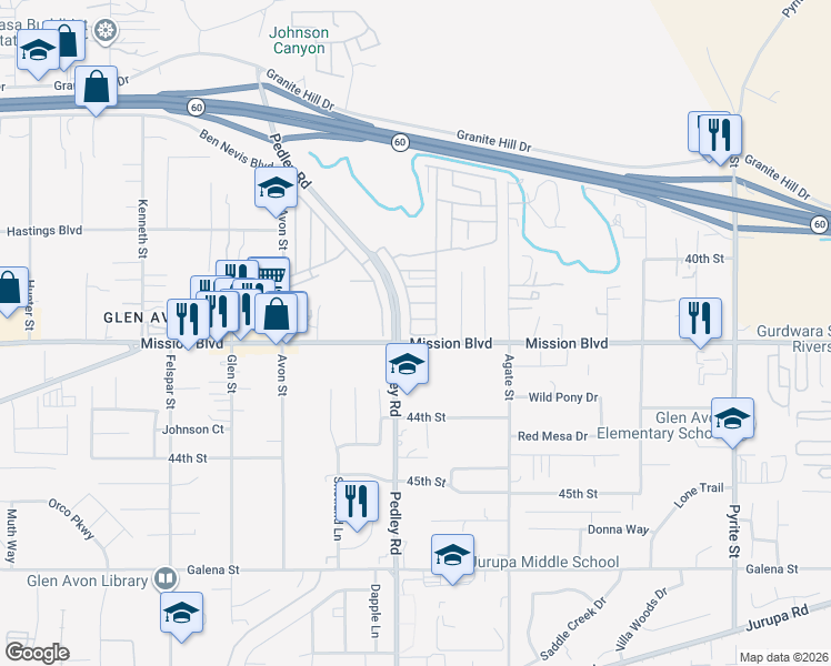 map of restaurants, bars, coffee shops, grocery stores, and more near 4080 Pedley Road in Riverside