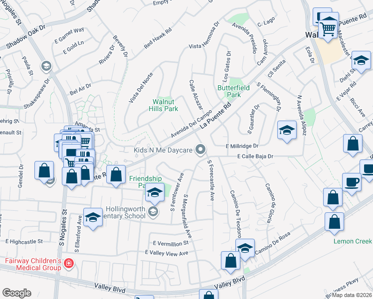 map of restaurants, bars, coffee shops, grocery stores, and more near 3221 East Levelglen Drive in West Covina