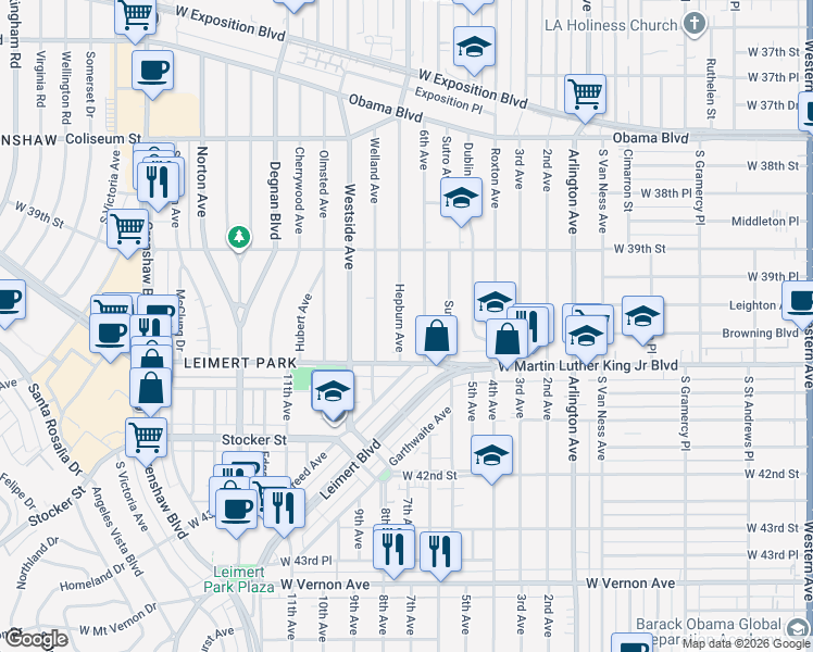 map of restaurants, bars, coffee shops, grocery stores, and more near 3957 6th Avenue in Los Angeles