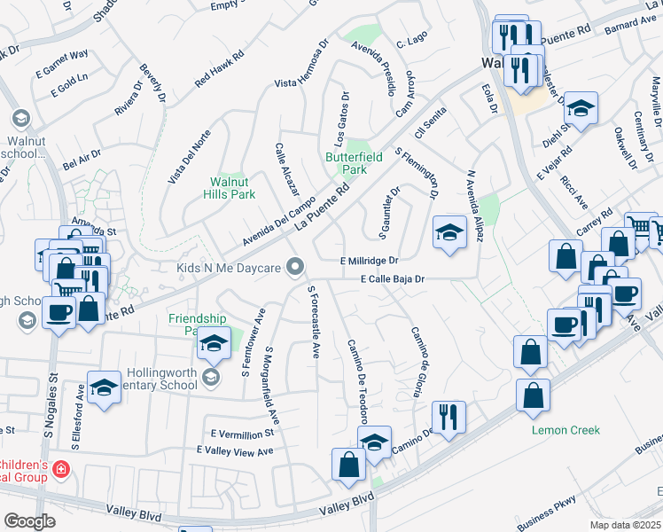 map of restaurants, bars, coffee shops, grocery stores, and more near 3244 East Millridge Drive in West Covina