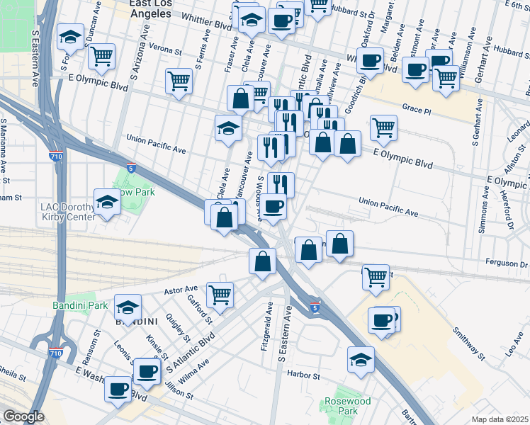 map of restaurants, bars, coffee shops, grocery stores, and more near 1438 South Woods Avenue in East Los Angeles