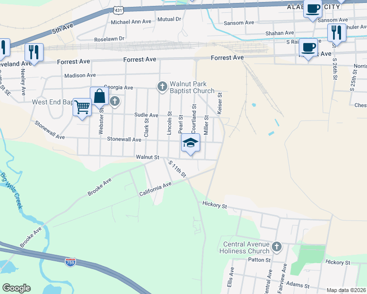 map of restaurants, bars, coffee shops, grocery stores, and more near 423 Van Courtland Street in Gadsden