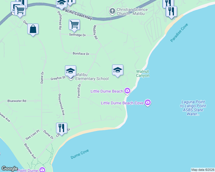 map of restaurants, bars, coffee shops, grocery stores, and more near 28867 Grayfox Street in Malibu