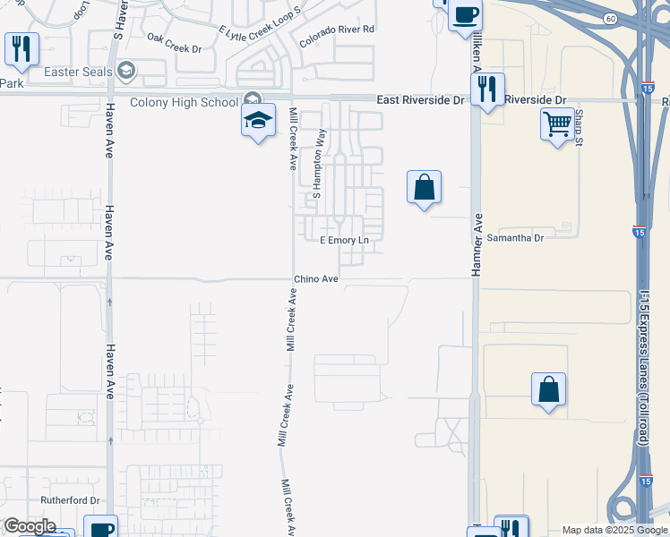 map of restaurants, bars, coffee shops, grocery stores, and more near 3998 East Oakwood Drive in Ontario