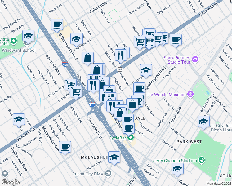 map of restaurants, bars, coffee shops, grocery stores, and more near 3872 Bentley Avenue in Culver City