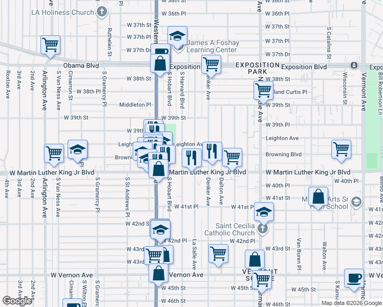 map of restaurants, bars, coffee shops, grocery stores, and more near 3956 South Harvard Boulevard in Los Angeles