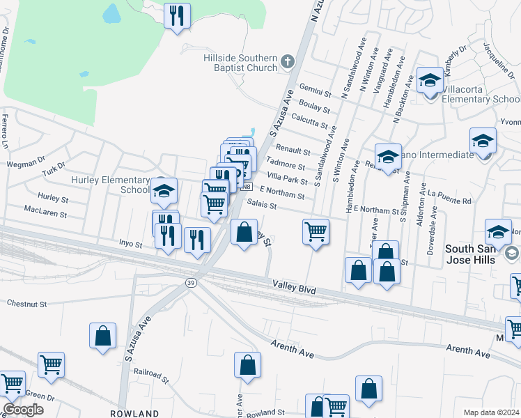 map of restaurants, bars, coffee shops, grocery stores, and more near 17432 Salais Street in La Puente