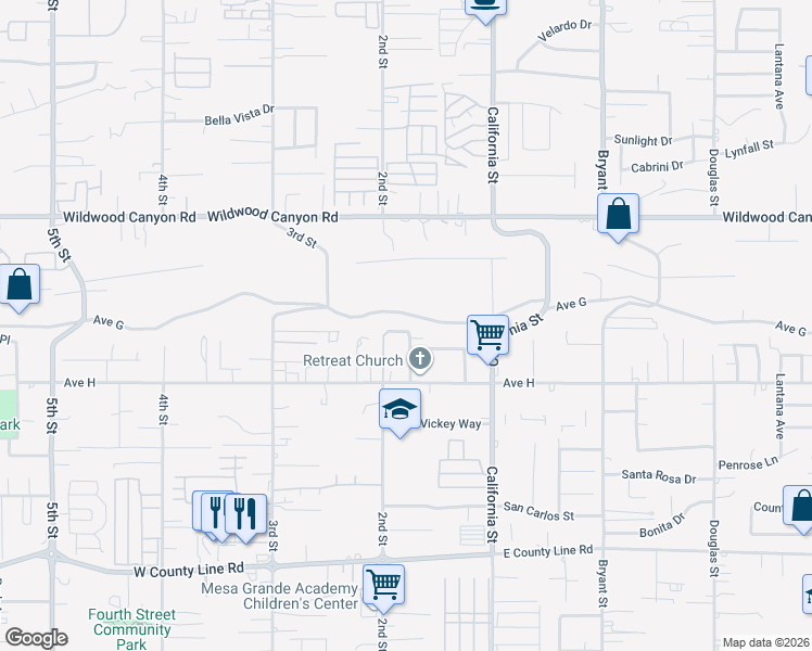 map of restaurants, bars, coffee shops, grocery stores, and more near 13320 Sidana Road in Yucaipa