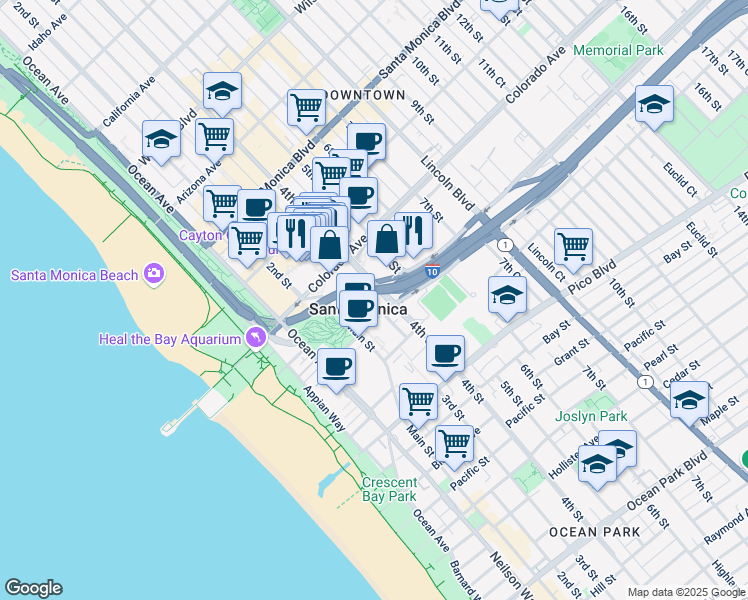 map of restaurants, bars, coffee shops, grocery stores, and more near 333 Olympic Drive in Santa Monica