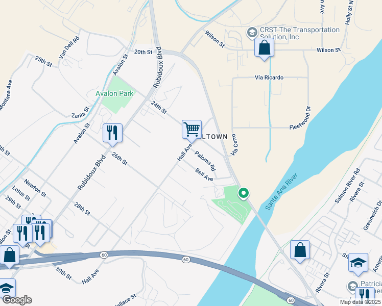 map of restaurants, bars, coffee shops, grocery stores, and more near 2448 Hall Avenue in Riverside