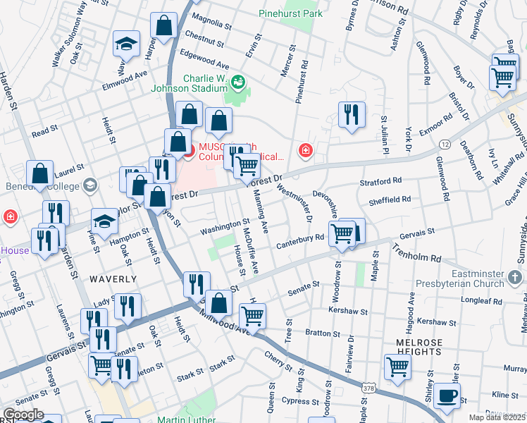 map of restaurants, bars, coffee shops, grocery stores, and more near 2500 Stratford Road in Columbia