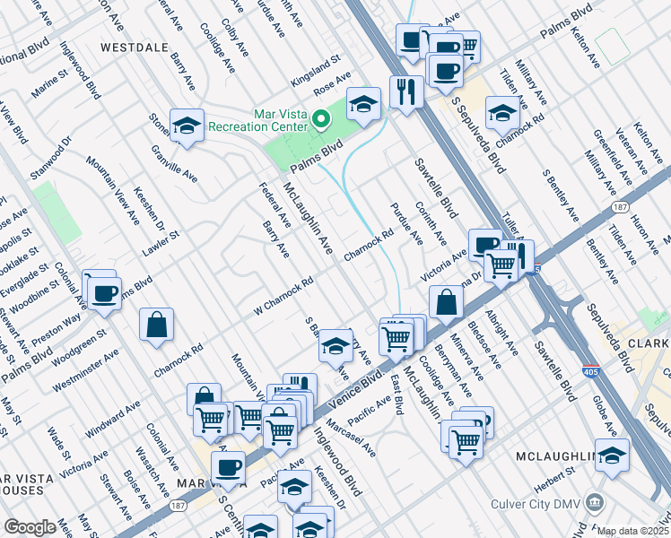 map of restaurants, bars, coffee shops, grocery stores, and more near 3601 McLaughlin Avenue in Los Angeles