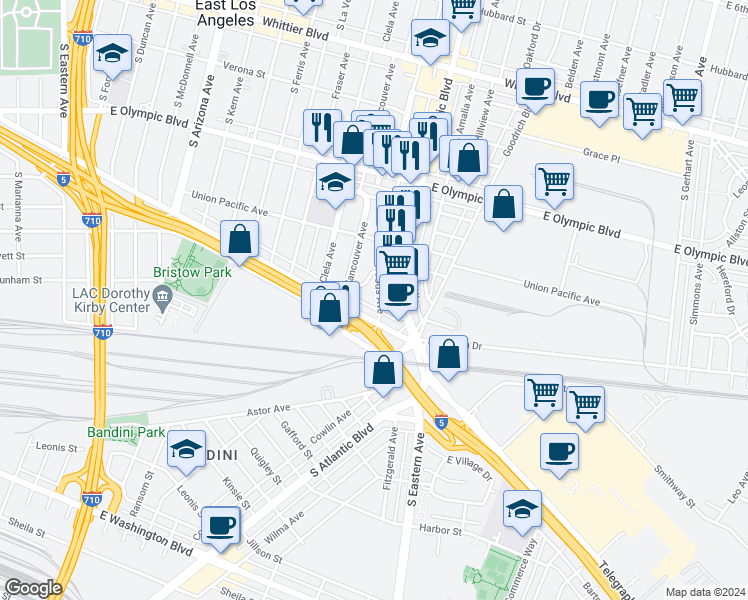 map of restaurants, bars, coffee shops, grocery stores, and more near 1437 South Woods Avenue in Los Angeles