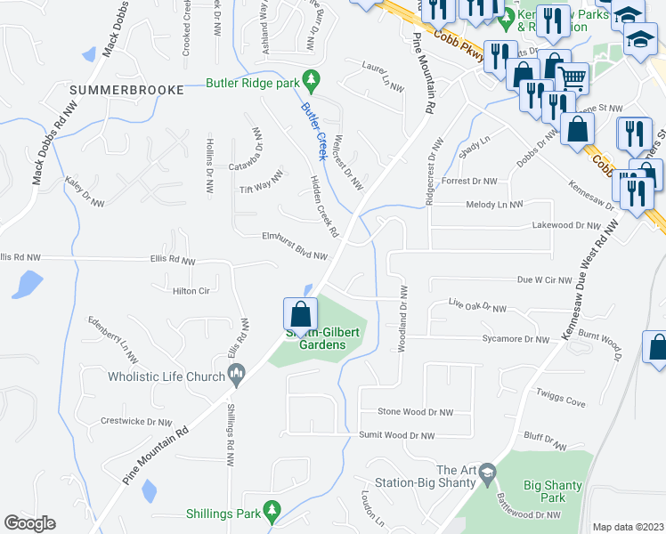 map of restaurants, bars, coffee shops, grocery stores, and more near 3990 Pine Mountain Road in Kennesaw