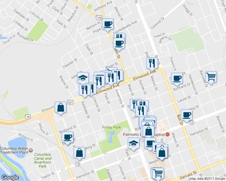 map of restaurants, bars, coffee shops, grocery stores, and more near 1024 Elmwood Ave in Columbia