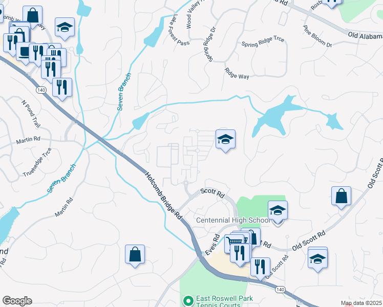 map of restaurants, bars, coffee shops, grocery stores, and more near 147 West Ridge Way in Roswell